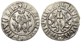 Levon I. - König (1198 - 1219).

 Tram (Silber). Ohne Jahr.
Vs: Levon mit Kreuz und Lilie frontal thronend.
Rs: Zwei steigende Löwen Rücken an Rüc...