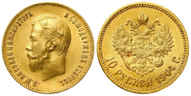 Russia 
RUSSIA / RUSSLAND / РОССИЯ / MOSCOW / PETERSBURG

Russia. Nicholas II. 10 Ruble (Rouble) 1904 (AP), St. Petersburg 
AW: Głowa cara w lewo,...