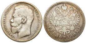 Russia 
RUSSIA / RUSSLAND / РОССИЯ / MOSCOW / PETERSBURG

Russia. Nicholas II. Ruble (Rouble) 1897 (??), Brussels 
AW: Głowa cara w lewo, legenda ...
