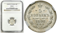 Russia 
RUSSIA / RUSSLAND / РОССИЯ / MOSCOW / PETERSBURG

Russia, Nicholas II. 5 Kopek (kopeck) 1898, St. Petersburg NGC MS66 - BEAUTIFUL 

Znako...