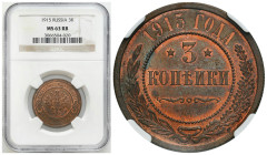 Russia 
RUSSIA / RUSSLAND / РОССИЯ / MOSCOW / PETERSBURG

Russia. Nicholas II. 3 Kopek (kopeck) 1915 СПБ, St. Petersburg NGC MS63 RB - BEAUTIFUL 
...