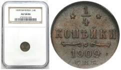 Russia 
RUSSIA / RUSSLAND / РОССИЯ / MOSCOW / PETERSBURG

Russia. Nicholas II. 1/4 Kopek (kopek) 1909 СПБ, St. Petersburg NGC AU58 BN 

Menniczy ...