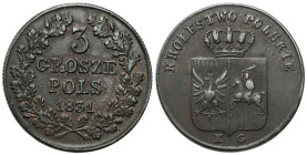 The November Uprising 
POLSKA / POLAND / POLEN / RUSSIA / RUSSLAND / РОССИЯ

November Uprising. Trojak (3 grosz) 1831 KG, Warsaw 
AW: Pod koroną d...