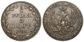 Poland XIX century / Russia 
POLSKA / POLAND / POLEN / RUSSIA / RUSSLAND / РОССИЯ

Poland 19th c./Russia. Nicholas I. 3/4 Ruble = 5 zloty 1839 MW, ...