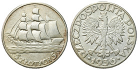 Second Polish Republic Circulation coins
POLSKA / POLAND / POLEN / POLOGNE / POLSKO

II RP. 5 zlotych 1936 Żaglowiec 

Resztki połysku menniczego...