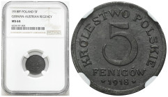 Second Polish Republic Circulation coins
POLSKA / POLAND / POLEN / POLOGNE / POLSKO

Królestwo Polskie. 5 fenig 1918 NGC MS64 - BEAUTIFUL 

Piękn...