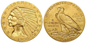 USA
USA. 5 Dollars 1908 Indian, Philadelphia 

Ładnie zachowany.

Details: 8,34 g Au 900 
Condition: 2- (EF-) 
Literature: Friedberg: 120