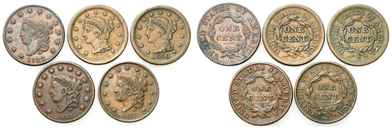 USA
USA. 1 Cent 1822-1854, Set of 5 

Przyzwoicie zachowane.

Details: Cu ...