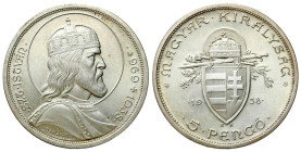 Hungary
Hungary. Miklos Horthy (19201944), 5 pengo 1938 BP, Budapest 

900. rocznica śmierci Stefana I.&nbsp;Drobne ryski.

Details: 25,05 g Ag 6...