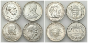 Hungary
Hungary. 5 peno, 5 crowns 1900-1939, set of 4 

Monety w stanie od 2 do 3+.

Details: 97,98 g Ag 
Condition: 2/3+ (EF/VF+)