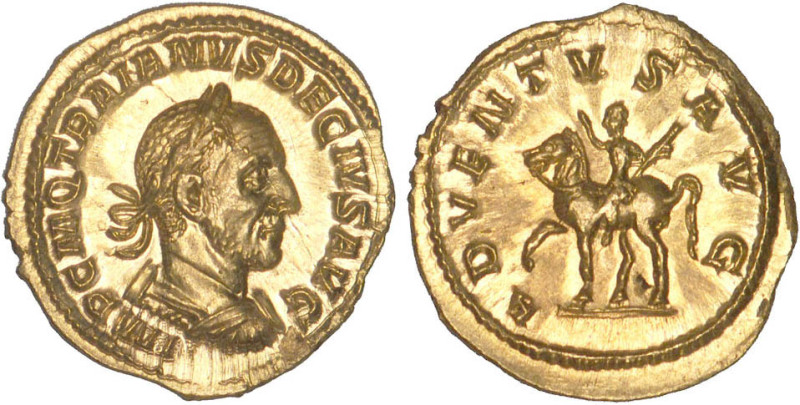 TRAJAN DÈCE (249-251)
Aureus : Trajan Dece sur un cheval au pas à gauche, levan...