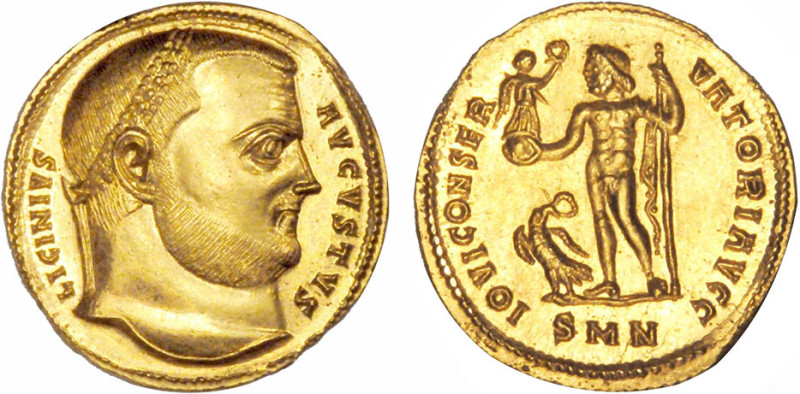 LICINIUS père (308-324)
Aureus : Jupiter debout à gauche, tenant un foudre & un...