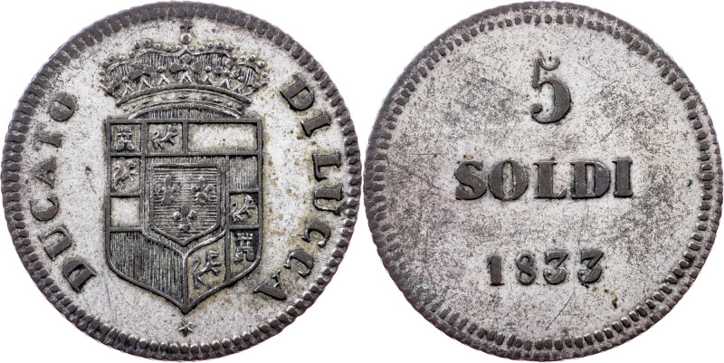 Italy, 5 Soldi 1833, Lucca Category : Italy
Country/Region : Italian states
Ru...