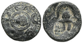 Greek  Kings of Macedon, Philip III Arrhidaios, AE, (Bronze), 323-317 BC, Uncertain mint in Asia. Obv: Macedonian shield, on boss, head of Herakles fa...