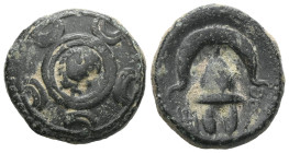Greek  Kings of Macedon, Philip III Arrhidaios, AE, (Bronze), 323-317 BC, Uncertain mint in Asia. Obv: Macedonian shield, on boss, head of Herakles fa...