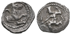 GREEK COINS LYCAONIA.Laranda.(Circa 324-323 BC).Obol. Obv : Baaltars seated left, holding grain ear, bunch of grapes, and scepter. Rev : Forepart of w...