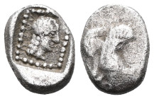 Greek Dynasts of Lycia. Uncertain mint. Uvug 470-440 BC. Hemiobol AR . Forepart of winged man-headed bull right / ΟFΟV, laureate head of Apollo right ...