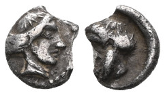 Greek  Cilicia, Tarsos, Tiribazos (satrap of Lydia, 388-380 BC) AE obol (Silver). Obv: Baaltars standing front, with head to left, holding eagle in hi...