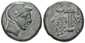 Greek Pontos, Amisos,AE, (Bronze), Time of Mithradates VI, Circa 111-105 or 95-90 BC. Obv: Helmeted head of Ares right. Rev: AMI – ΣOY, Sword in sheat...