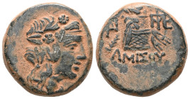 Greek  Pontos, Amisos, AE, (Bronze), Time of Mithradates VI Eupator, Circa 105-90 or 90-85 BC. Obv: Head of Dionysos right, wearing ivy wreath. Rev: A...