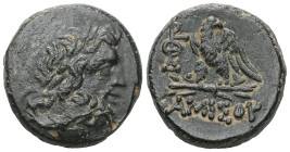 Greek  Pontos, Amisos (80-70 BC) AE (Bronze) Obv: Laureate head of Zeus right. Rev: Eagle standing over thunderbolt, monogram to left; in exergue AMIΣ...