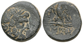 Greek  Pontos, Amisos (80-70 BC) AE (Bronze) Obv: Laureate head of Zeus right. Rev: Eagle standing over thunderbolt, monogram to left; in exergue AMIΣ...