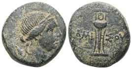 Greek Pontos, Amisos, AE 21 (Bronze) Time of Mithradates VI Eupator (ca 120-63 BC) Obv: Laureate head of Apollo right Rev: ΑΜΙ-ΣΟΥ, tripod Ref: SNG Co...