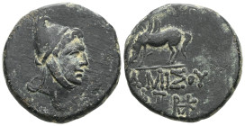 Greek Pontos, Amisos, time of Mithradates VI Eupator, c. 85-65 BC. Æ . Helmeted head of Mithradates VI as the hero Perseus r. R/ Pegasos drinking l.; ...