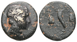 Greek Pontos. Amaseia circa 120-63 BC. Bronze Æ . Winged head of Perseus right / ΑΜΑΣ-ΣΕΙΑΣ; cornucopia between two pilei of the Dioskouroi with stars...