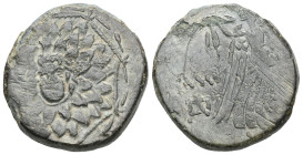Greek  Pontos, Amisos, AE. (Bronze),Time of Mithradates VI Eupator, Circa 85-65 BC. Obv: Aegis facing. Rev: AMI-ΣO[Y], Nike advancing right with shoul...