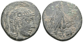 Greek  Pontos, Amisos, AE, (Bronze), Time of Mithradates VI Eupator, Circa 105-90 or 90-85 BC. Obv: Helmeted head of Athena right. Rev: AMI – ΣOY, Per...