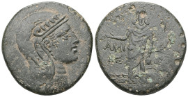 Greek  Pontos, Amisos, AE, (Bronze), Time of Mithradates VI Eupator, Circa 105-90 or 90-85 BC. Obv: Helmeted head of Athena right. Rev: AMI – ΣOY, Per...