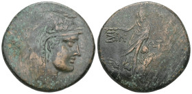 GREEK COINS PAPHLAGONIA.Sinope.Time of Mithradates VI.(Circa 85-65 BC).Ae. Obv : Helmeted head of Athena right. Rev : ΣΙΝ-ΩΠΗΣ ME. Perseus standing, f...