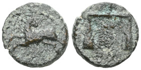 "PHARAONIC KINGS OF EGYPT. Nektanebo II (361-343 BC). Ae. Obv: Ram leaping left, head right. Rev: Scales; c/m: Helmeted head of Athena right within in...