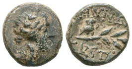 GREEK COINS KARIA MYNDOS Bronze, 2nd / 1st century. Head of beardless Dionysus with ivy wreath facing right. Rev. MUNDI - ERMI owl facing right, head ...