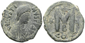 Byzantine Justinian I AD 527-565. Constantinople Follis or 40 Nummi Æ D N IVSTINIANVS P P A, diademed, draped, and cuirassed bust right / Large M; cro...