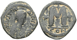 Byzantine Justinian I AD 527-565. Constantinople Follis or 40 Nummi Æ D N IVSTINIANVS P P A, diademed, draped, and cuirassed bust right / Large M; cro...