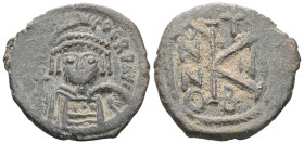 BYZANTINE MAURICIUS TIBERIUS 582-602. AE-Halffollis, Constantinople, 2nd official armored bust with helmet v.v. dm MAVR - TIbE PP AC / ANNO - UII; val...