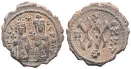Byzantine Phocas, with Leontia, 602-610. Half Follis , Theoupolis (Antioch), regnal year 3= 604-5. D N FOCAS NE PE VA To left, Phocas, crowned, robed ...