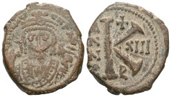 Byzantine Maurice Tiberius, 582-602. Half Follis (Bronze), Theoupolis (Antiochia), RY 9 = 590/1. [D m T]IЧ COTAN P P' Crowned facing bust of Maurice T...