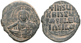 Byzantine Basil II and Constantine VIII (976-1028) Class A2 anonymous AE follis (Bronze) Constantinople Obv: +EMMANOVHA legend around with IC-XC acros...