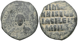 Byzantine Basil II and Constantine VIII (976-1028) Class A2 anonymous AE follis (Bronze) Constantinople Obv: +EMMANOVHA legend around with IC-XC acros...