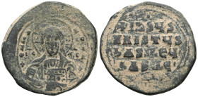 Byzantine Anonymous. Class B. Romanus III. AE, Follis (Bronze) Constantinople. Anonymous. Class B. 1028-1034 AD Obv: + EMM[A NOVHΛ] / IC X[C], Bust of...