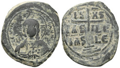 Byzantine Basil II and Constantine VIII (976-1028) Class A2 anonymous AE follis (Bronze) Constantinople Obv: +EMMANOVHA legend around with IC-XC acros...