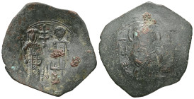 Michael VIII Palaeologus, AD 1261-1282. AE, Trachy. Constantinople. Obv: The Virgin Mary seated facing on throne, holding Christ medallion on breast; ...