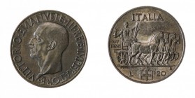 Vittorio Emanuele III (1900-1946) 
20 Lire Quadriga 1936 - Zecca: Roma - Diritto: effigie del Re a sinistra - Rovescio: l’Italia seduta con fascio e ...