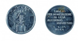 Repubblica Italiana 
Saggio Johnson per monetazione alluminio-magnesio 1946 - Diritto: testa femminile (Minerva?) a destra; al centro un libro aperto...
