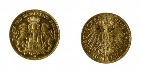 Germania
Amburgo - 10 Marchi 1905 Proof - Diritto: stemma della città - Rovescio: aquila imperiale coronata (Friedb. n. 3781) 300,00