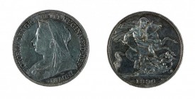 Gran Bretagna 
Victoria (1837-1901) - Crown 1896 LX - Zecca: Londra - Diritto: busto velato della Regina a sinistra - Rovescio: San Giorgio a cavallo...
