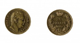 Serbia 
Milan Obrenovich IV (1868-1889) - 20 Dinari 1882 - Zecca: Vienna - Diritto: effigie del Re a destra - Rovescio: valore e data sormontati da u...